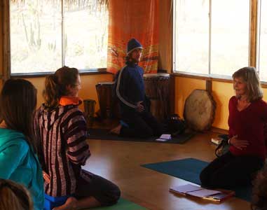 Students learn about the ribs in Virasana Teacher talks about the ribs lifting